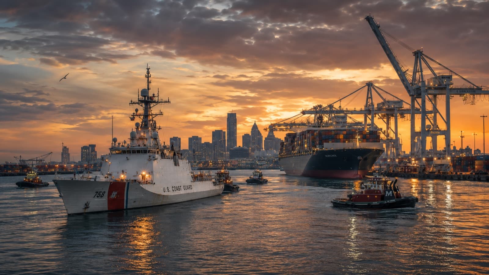 Coast Guard cutter escorting a container ship into a harbor at dusk