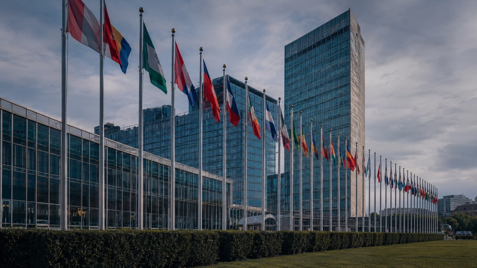 Rows of national flags before an international institution