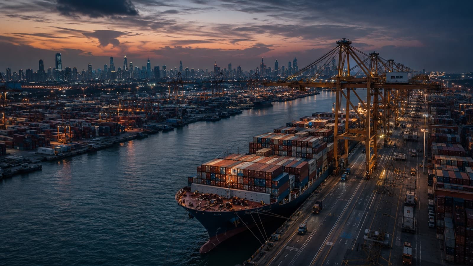 Container port at dusk with a gantry crane over a loading ship