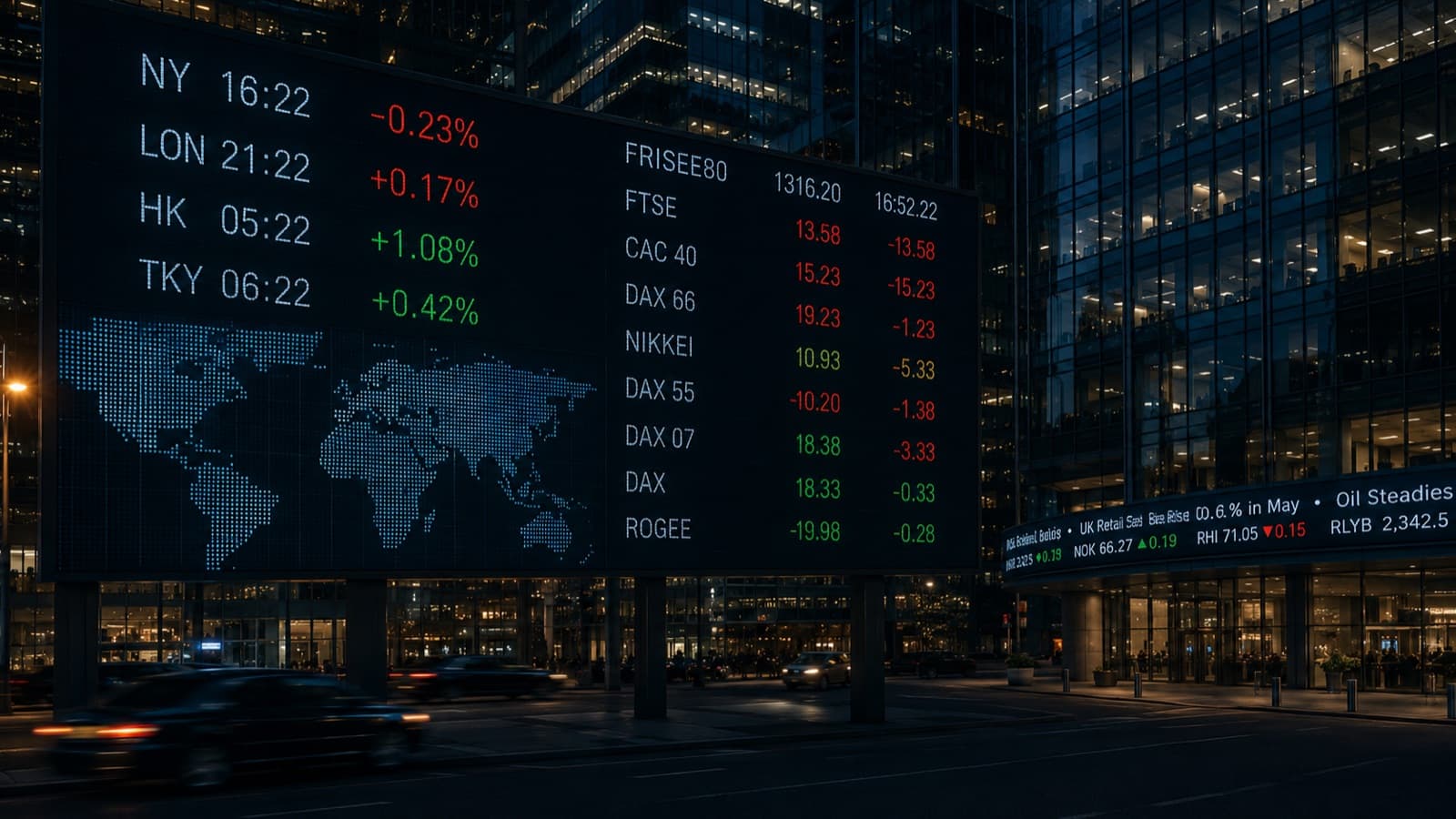 Market ticker board with world index prices on a city street at night