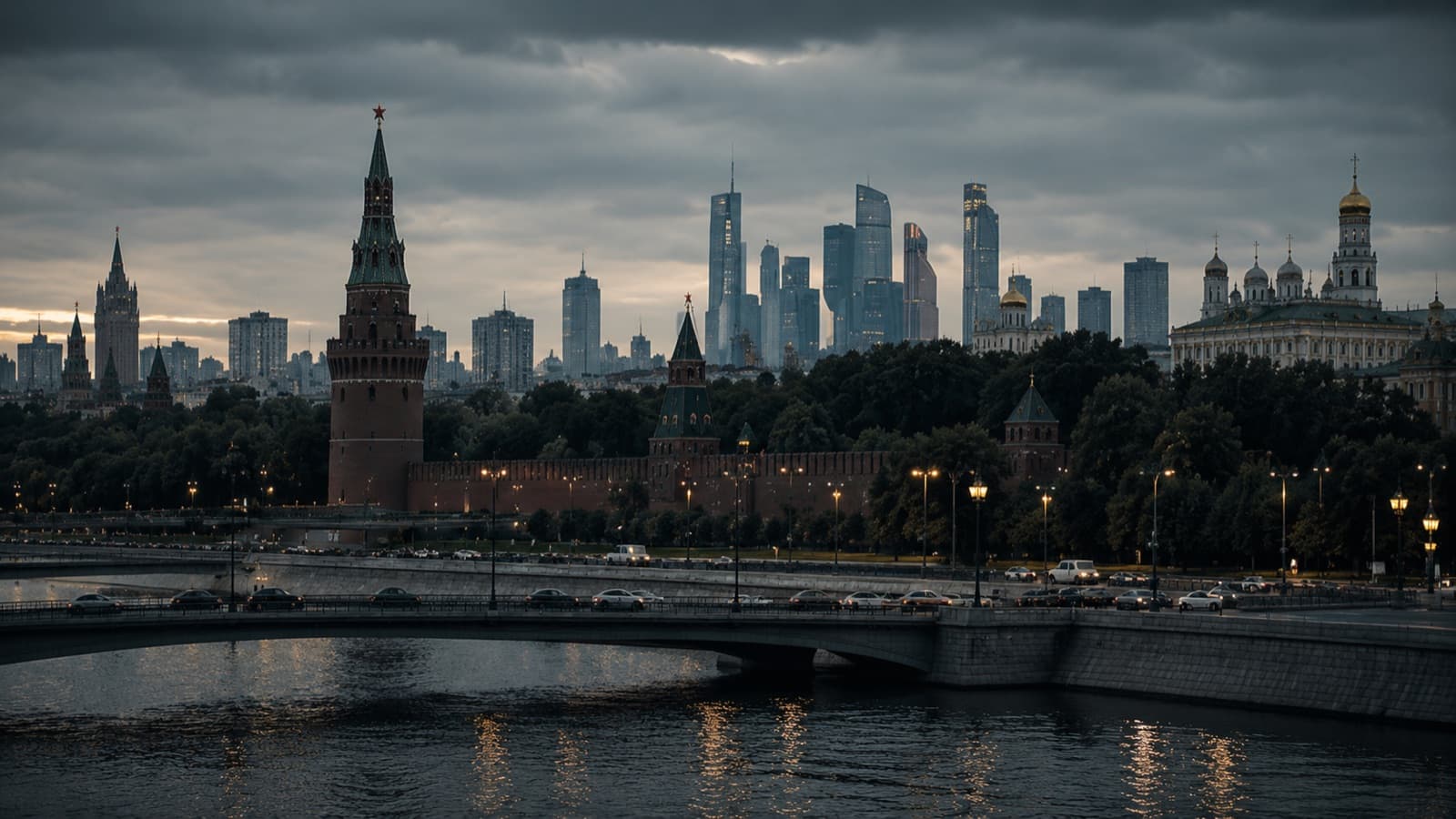 Kremlin towers against the Moscow skyline at dusk