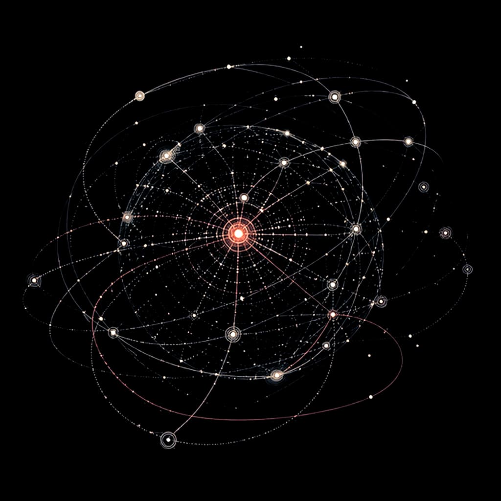 Orbital signal map — an illustration of connected signals radiating around a central point of economic power.