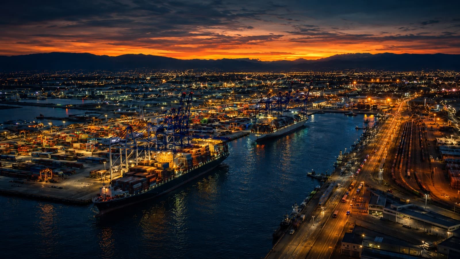 Container port, rail yard, and highways at sunset with mountains behind